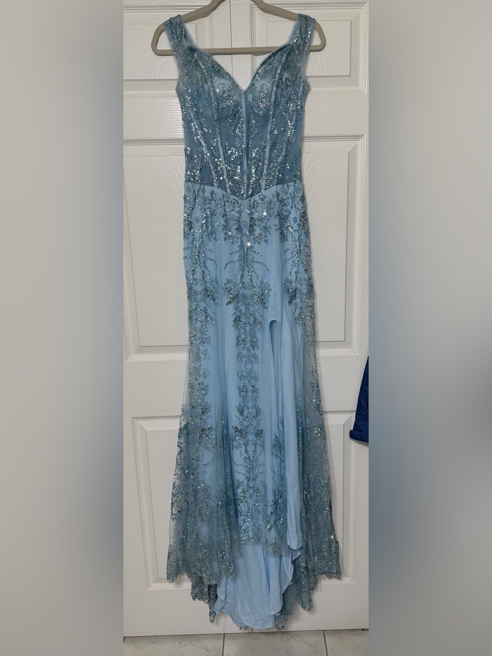 Jovani dress fitted mermaid semi sheer corset light blue size 0